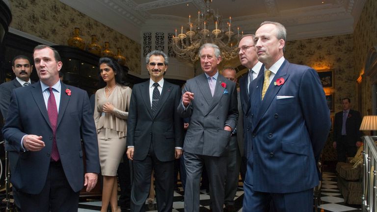 HRH The prince of Wales re-opens the Savoy Hotel, today , November 2nd 2010. He was given the tour of the hotel by part owner Prince Alwaleed Bin Talal Bin Abdulaziz Alsaud and wife Princess Amira.