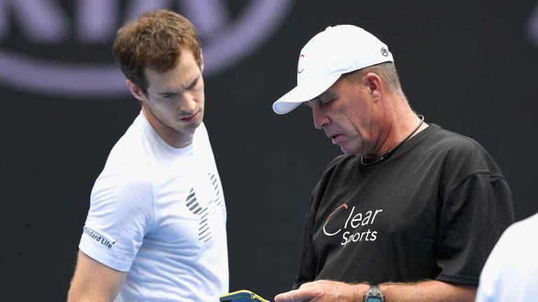 Andy Murray of Scotland talks to his coach Ivan Lendl during a practice session ahead of the 2017 Australian Open at Melbourne Park on January 15, 2017 in Melbourne, Australia