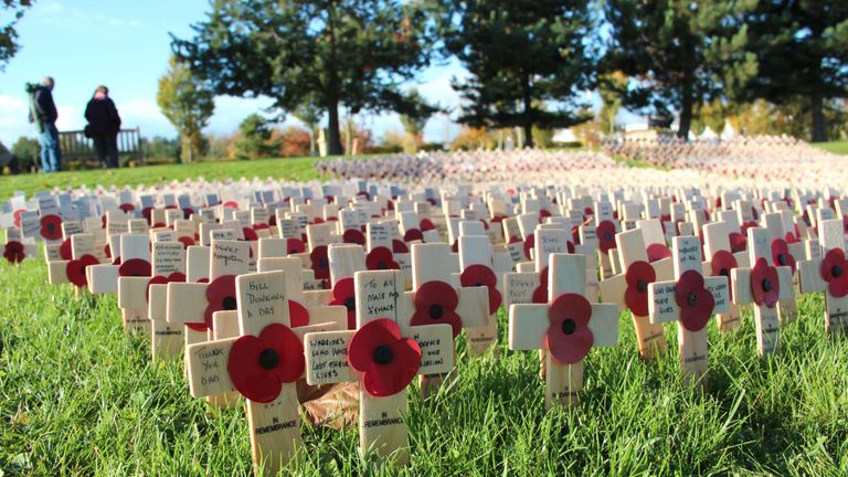 Poppy crosses laid at the Field of Remembrance at the National Memorial Arboretum in Alrewas, Staffordshire, on Remembrance Sunday, as the nation will pay silent respect to the country&#39;s war dead today in a Remembrance Sunday service led by the Prince of Wales.
