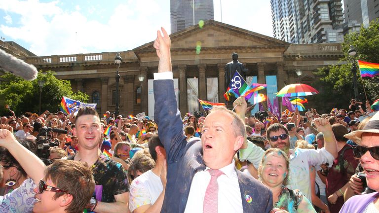 MELBOURNE, AUSTRALIA - NOVEMBER 15: Leader of the Opposition Bill Shorten celebrates in the crowd during the Official Melbourne Postal Survey Result Announcement at the State Library of Victoria on November 15, 2017 in Melbourne, Australia. Australians have voted for marriage laws to be changed to allow same-sex marriage, with the Yes vote defeating No. Despite the Yes victory, the outcome of Australian Marriage Law Postal Survey is not binding, and the process to change current laws will move t