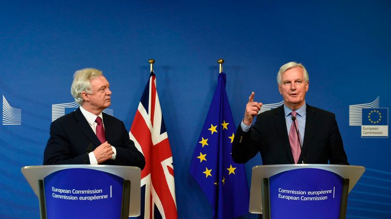 David Davis (L) and Michel Barnier in June
