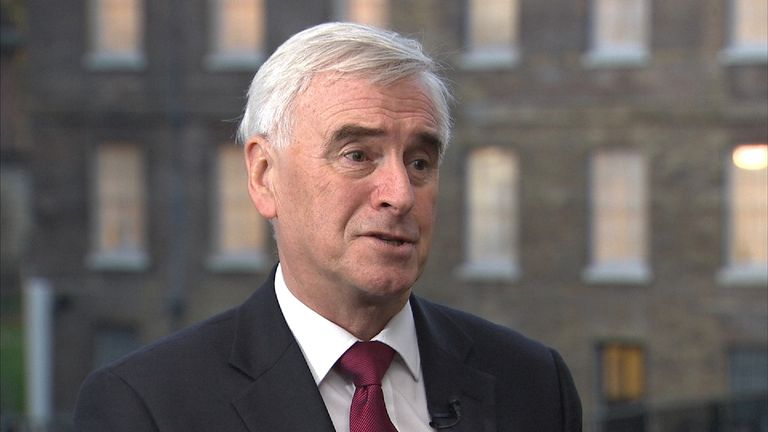 Shadow Chancellor John McDonnell MP talking outside Westminster.