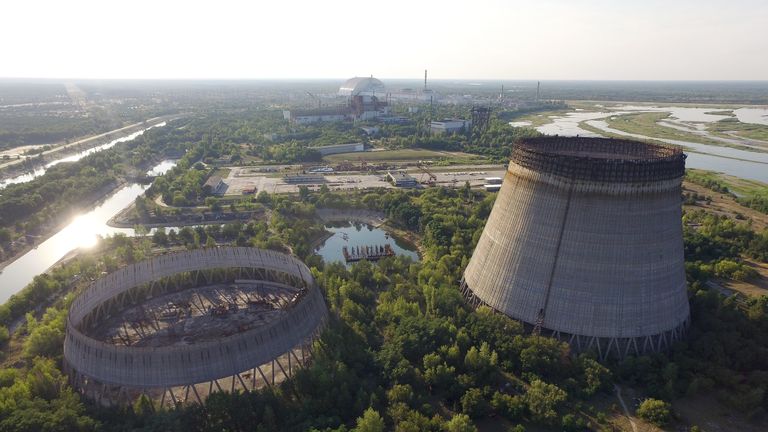 The abandoned, partially-completed cooling towers stand at the Chernobyl nuclear power plant