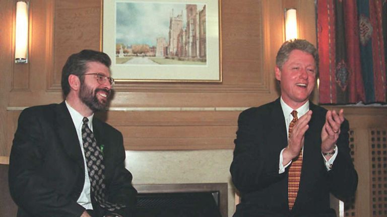 Adams with former US president Bill Clinton in Belfast in November 1995