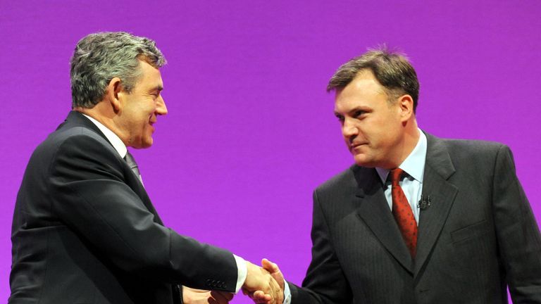 Prime Minister Gordon Brown congratulates Schools Secretary Ed Balls after he addressed the Labour Party conference in Manchester.
