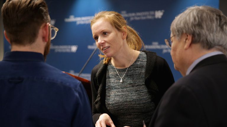 Facebook Head of Policy Managment Monika Bickert (C) speaks with audience members following a discussion session about &#39;Internet Security and Privacy in the Age of Islamic State&#39; at the Washington Institute for Near East Policy February 26, 2016 in Washington, DC