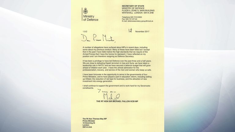Sir Michael Fallon&#39;s resignation letter