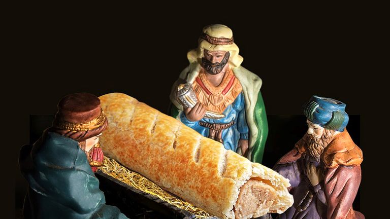 Three wise men worshipping a sausage roll