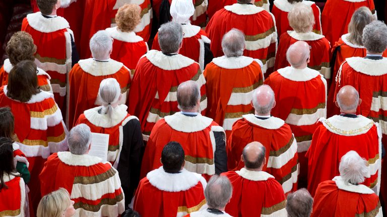 Members of the House of Lords gather as Queen Elizabeth II delivers the Queen's Speech from the throne as Prince Philip, Duke of Edinburgh listens during State Opening of Parliament in the House of Lords at the Palace of Westminster on May 18, 2016