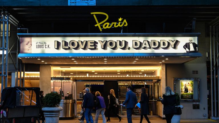 NEW YORK, NY - NOVEMBER 09: An exterior view of The Paris Theatre with a marquee advertising the Louis C.K. movie &#39;I Love You, Daddy&#39; on November 9, 2017 in New York City. The premiere for the movie was canceled after Louis C.K. was accused of sexual misconduct by five women was reported by the New York Times. (Photo by Dia Dipasupil/Getty Images)