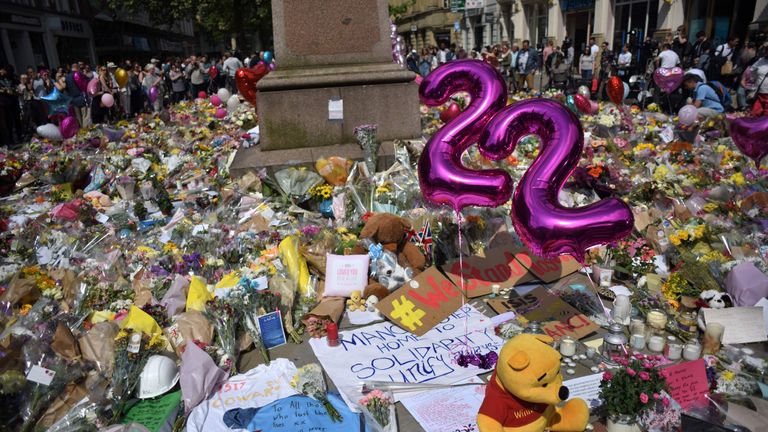 Tributes to the victims and injured of the Manchester Arena bombing in St Ann&#39;s Square in Manchester