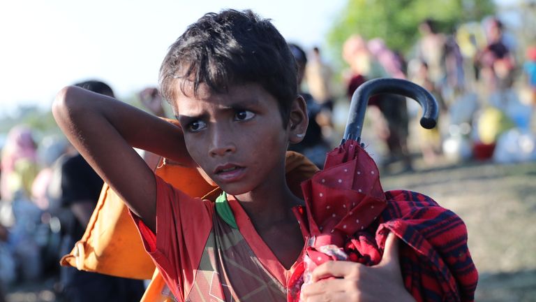 A child refugee is temporarily detained by the border guard in Bangladesh