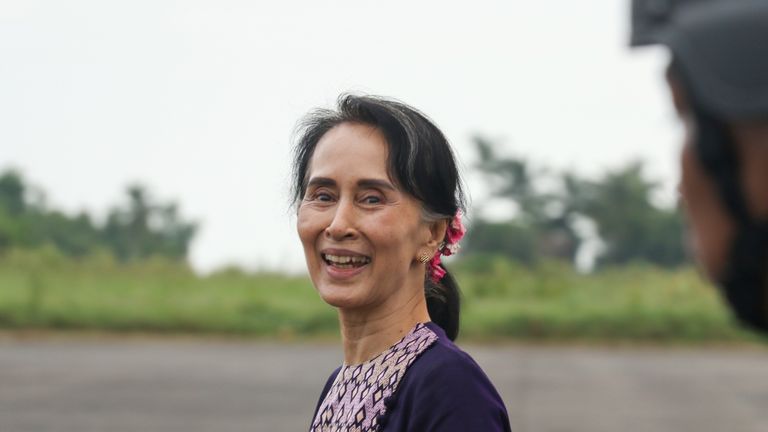 Aung San Suu Kyi on a visit to Rakhine state on 2 November