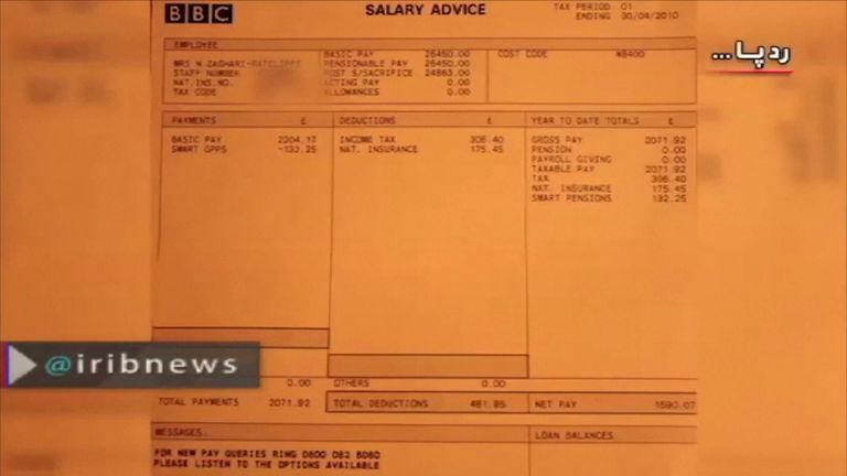 A BBC payslip from 2010 Iranian state TV claims is evidence Nazanin Zaghari-Ratcliffe was involved in working to undermine Iran