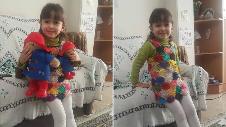 Nazanin Zaghari-Ratcliffe's daughter Gabriella wearing a pinafore her mother made in prison