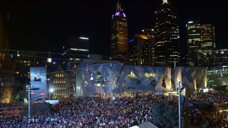 New Year&#39;s Eve party in Federation Square during New Years Eve on December 31, 2013 in Melbourne, Australia