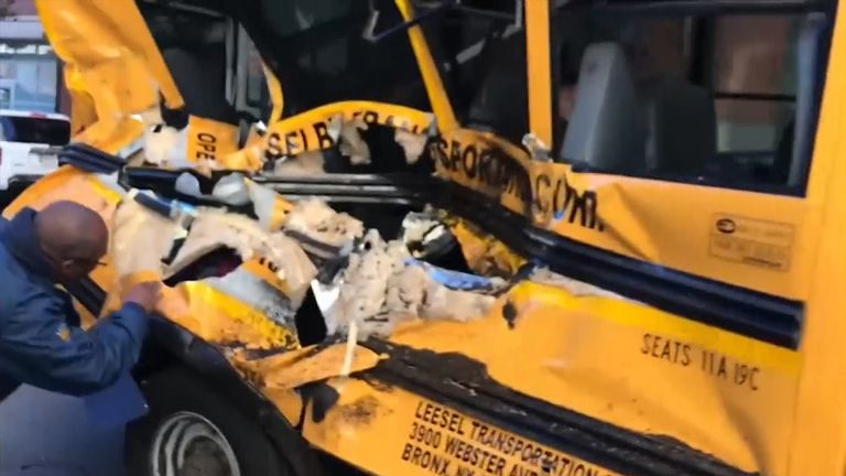 Damage to a school bus after it was hit by the New York terror truck 