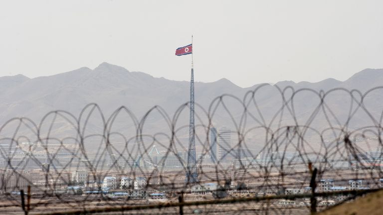 A North Korean propaganda village is pictured from the Observation Post Ouellette in the Joint Security Area of the Demilitarized Zone (DMZ) near Panmunjom on the border between North and South Korea during a visit by US President Barack Obama on March 25, 2012. Obama arrived in Seoul earlier in the day to attend the 2012 Seoul Nuclear Security Summit to be held on March 26-27