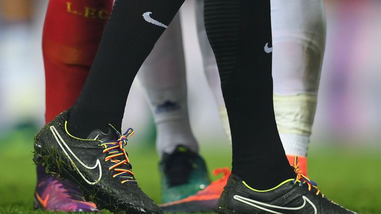 Referee Anthony Taylor wears rainbow laces in support of LGBT players in November 2016
