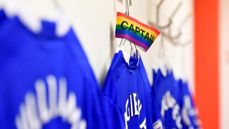 A rainbow armband waiting for Everton&#39;s Phil Jagielka last season. Pic: Premier League