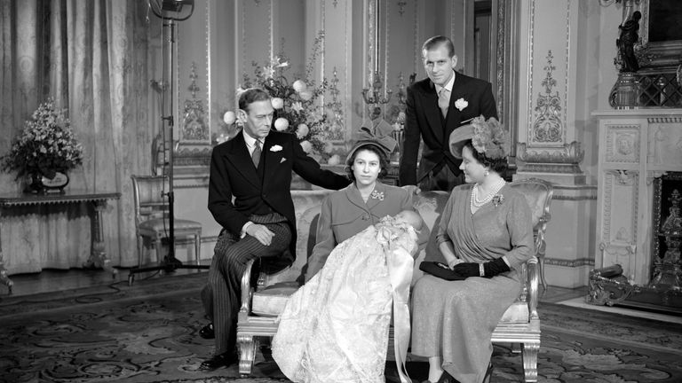 November 1948: Princess Elizabeth with Prince Charles at his christening, with Prince Philip, her father King George and mother Queen Elizabeth