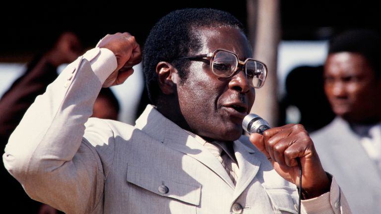 Zimbabwe&#39;s Prime Minister Robert Mugabe addresses the crowd in July 1984 in Harare stadium
