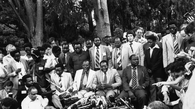 6th March 1980: Dr Robert Gabriel Mugabe, newly elected President of Zimbabwe, holds a Press Conference in his garden in Mount Pleasant, Salisbury
