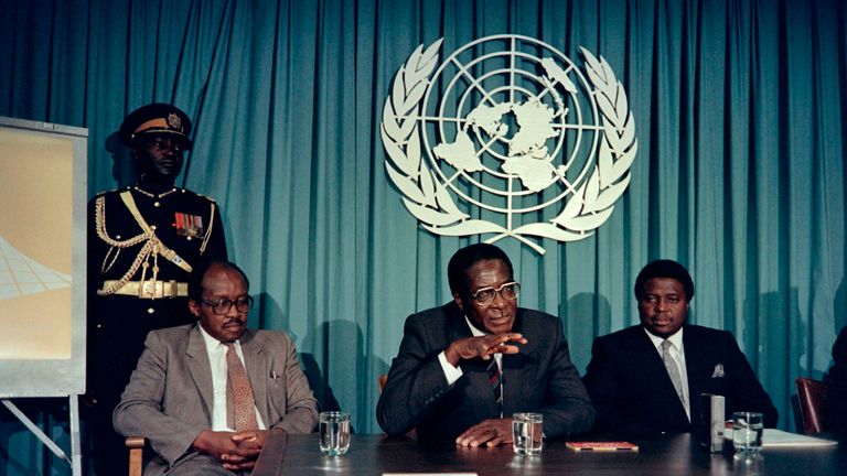 1988: Mugabe speaks to the press at the United Nations about the Africa Prize for Leadership which he will receive in New York