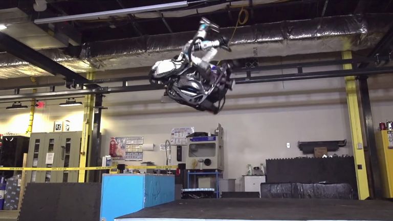 The humanoid Atlas robot in mid-flip. Pic: Boston Dynamics