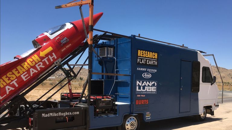 A limousine driver turned rocket scientist will launch himself over the California town of Amboy on Saturday in a home-made rocket. 2017 - pic from his website http://www.madmikehughes.com/images/rocket.png