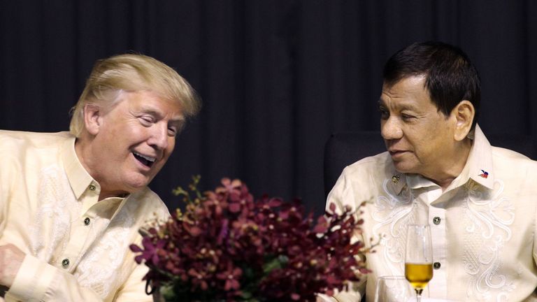 Rodrigo Duterte and Donald Trump pictured during a leaders&#39; dinner in Manila in November 2017