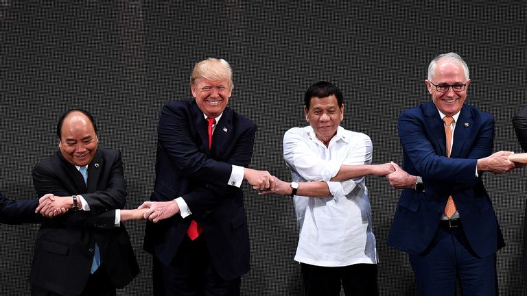 Rodrigo Duterte and Donald Trump during the opening ceremony of a leaders&#39; summit in Manila in November 2017