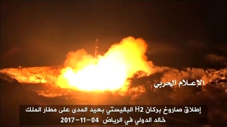 An image said to show a ballistic missile being launched by Houthi rebels at Riyadh. Pic: Pro-Houthi Al Masirah TV