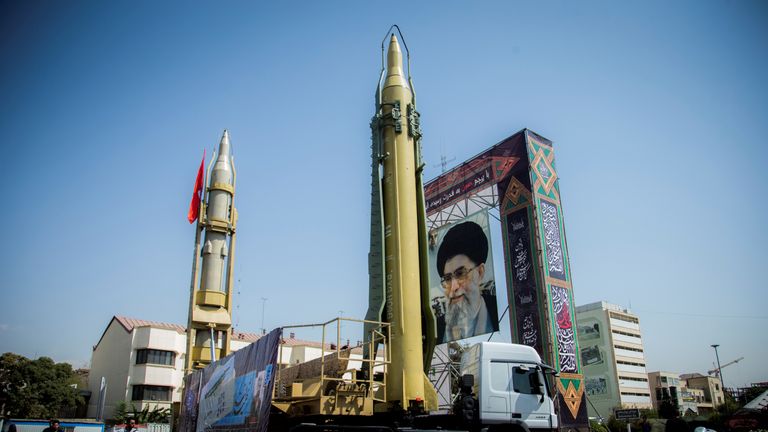 A display featuring missiles and a portrait of Iran&#39;s Supreme Leader Ayatollah Ali Khamenei is seen at Baharestan Square in Tehran, Iran September 27, 2017