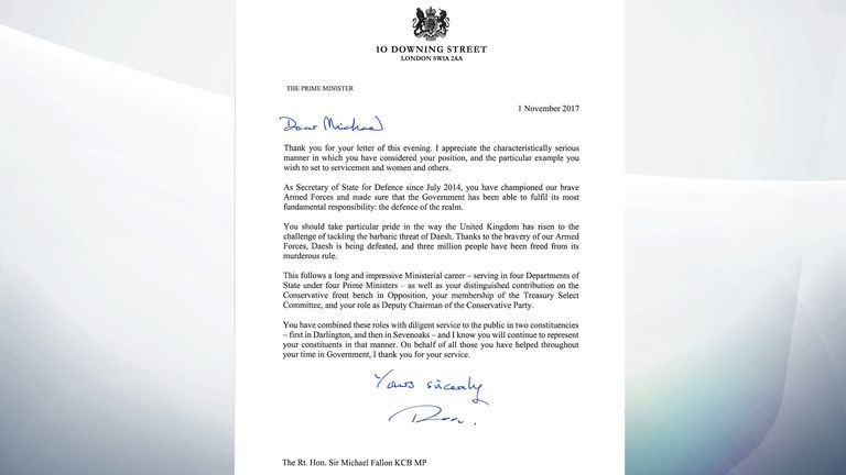 Theresa May&#39;s response to Sir Michael Fallon&#39;s resignation letter