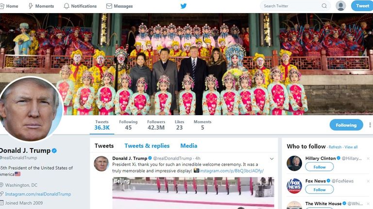 The Twitter page of Donald Trump, featuring his new banner picture posted in China