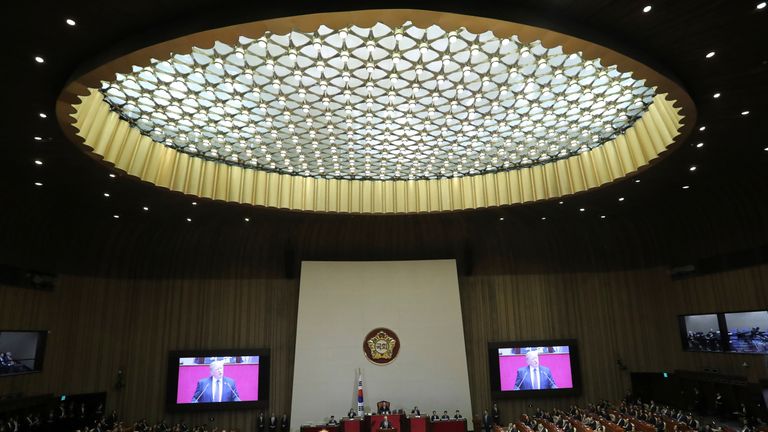 Seoul, South KoreaU.S. President Donald Trump delivers a speech at the National Assembly in Seoul, South Korea, Wednesday, Nov. 8, 2017