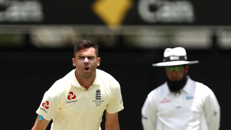 James Anderson of England reacts while bowling in the 1st Ashes Test in Brisbane