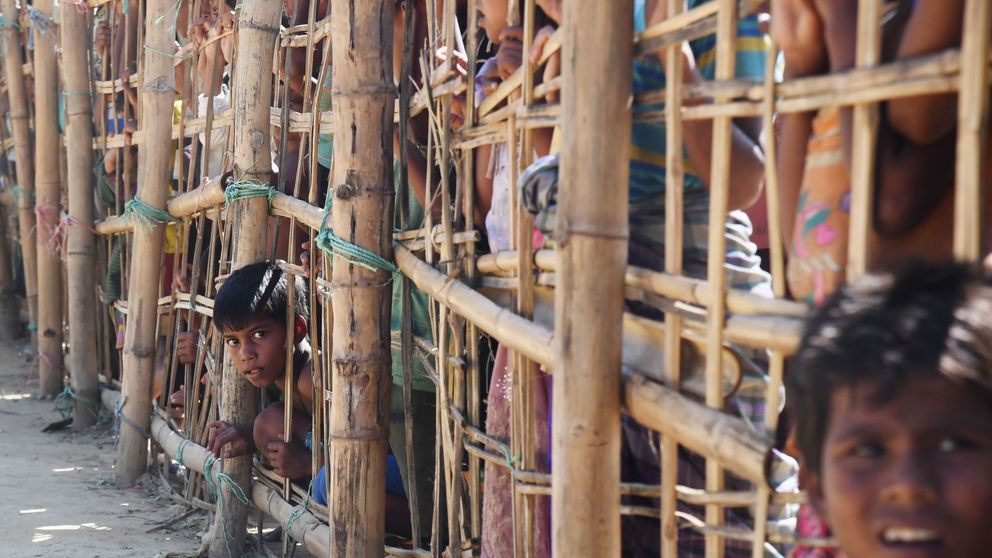 A young boy peeps through a bamboo barricade at the Thankhali refugee camp, Bangladesh