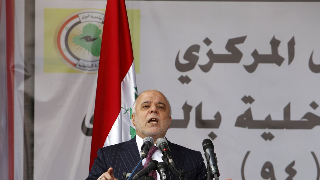 Iraqi Prime Minister Haider al-Abadi speaks during the Iraqi Police Day at a police academy in Baghdad January 9, 2016