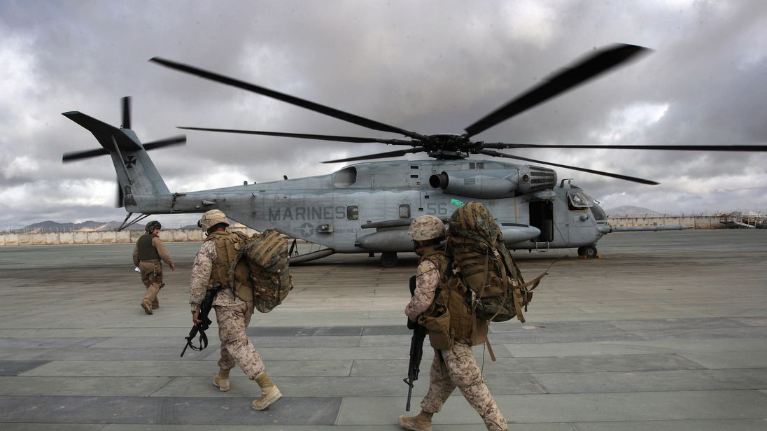 Marines shown boarding a CH-53 in Afghanistan in 2009