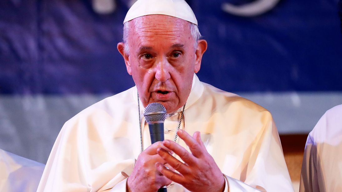 Pope Francis addresses a group of Rohingya refugees in Dhaka, Bangladesh