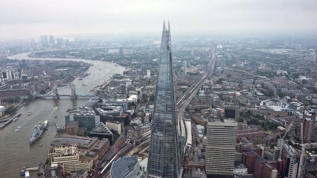 The Shard is pictured from a helicopter on June 13, 2015 in London, England