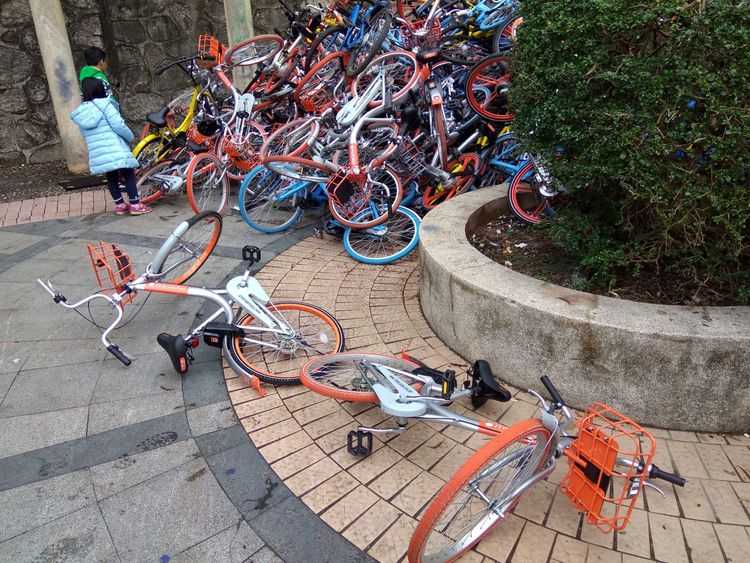 Bicycles from bike-sharing firms near the entrance of Xiashan park in Shenzhen, Guangdong province