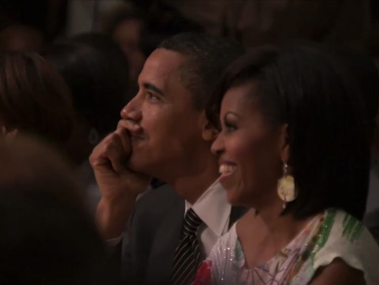 Barack and Michelle Obama enjoy the show during its Broadway run