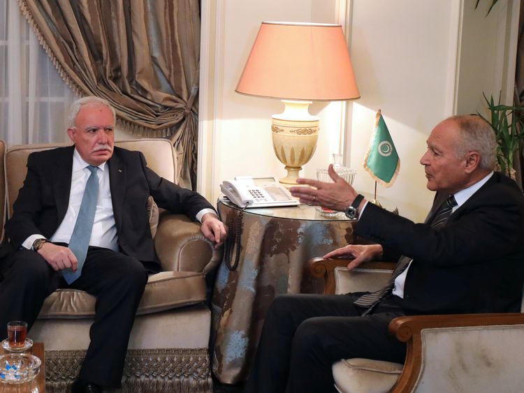 Riyad al Maliki and Ahmed Aboul-Gheit ahead of the emergency meeting in Egypt