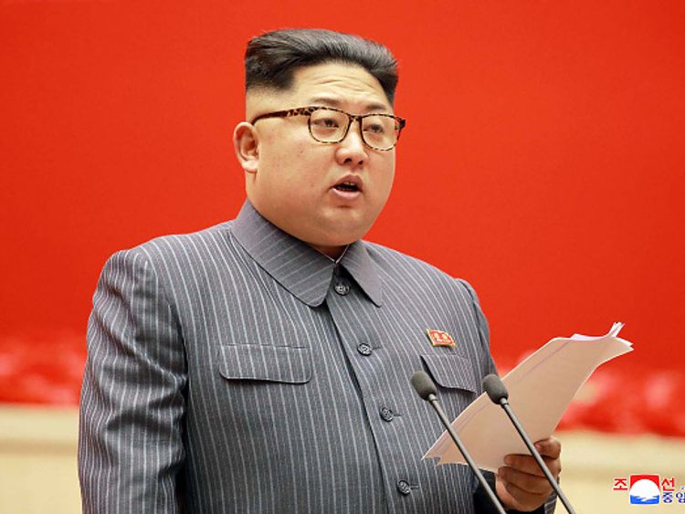 Kim Jong-Un delivering his speech during the opening of the 5th Conference of Cell Chairpersons of the Workers' Party of Korea