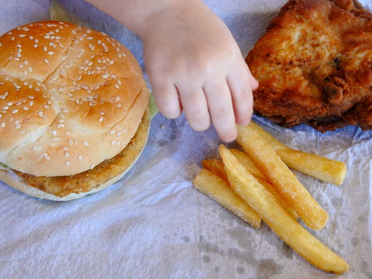 A young girls eats a chicken burger, French fries and fried chicken.