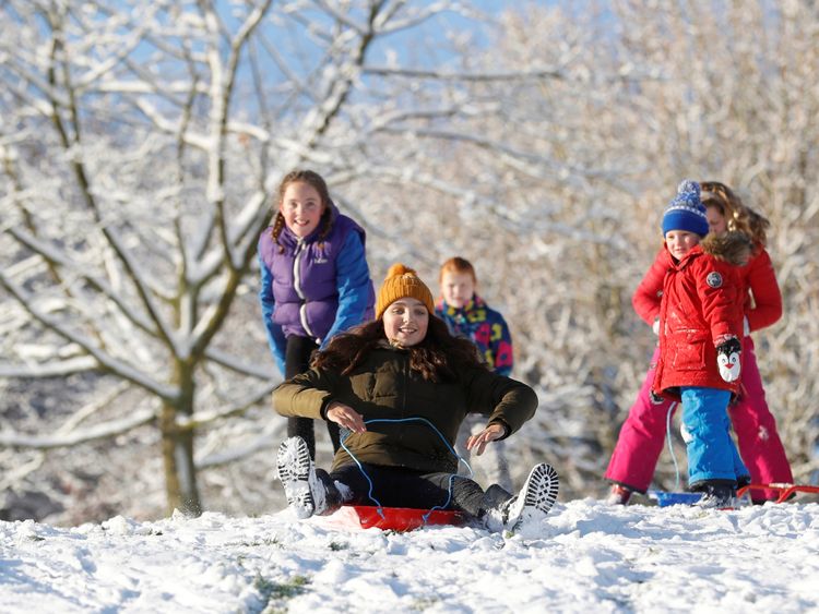 Children play in the snow in Newcastle-under-Lyme, Staffordshire