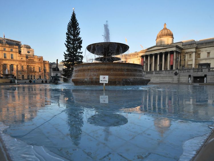 Ice forming in the fountains in Trafalgar Square, London, as Britain had its coldest night of the year 